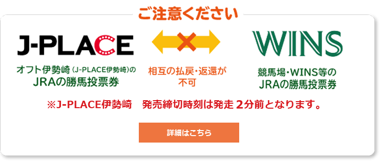 ご注意ください　J-PLACEとWINS相互の払戻・返還が不可：j※J=PLACE伊勢崎 発売締切時刻は発送4分前となります。